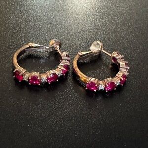 18K Rose Gold Plated Hoop Earrings | Created Ruby & Moissanite | Never Worn